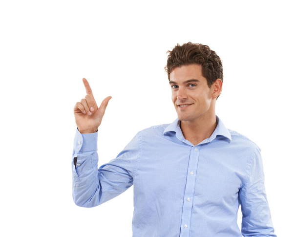 Portrait, smile and man pointing up at mockup space for product placement for marketing or advertising. Hand gesture, idea and happy model showing new deal announcement in studio on white background - Fotoğraf, Görsel