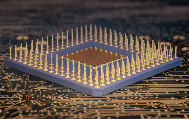 PGA package CPU IC close up on printed circuit board background - Foto, Imagen