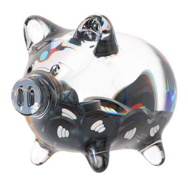Ankr (ANKR) Clear Glass piggy bank with decreasing piles of crypto coins. Saving inflation, financial crisis, and losing money concept. 3d illustration - Foto, imagen
