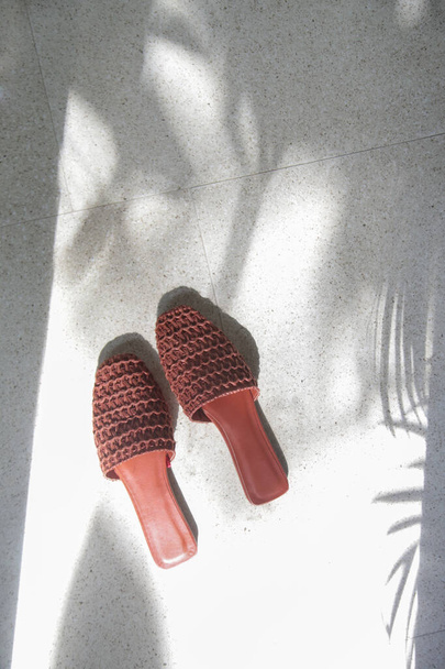Handmade raffia mules. Sustainable ethically made pair of slippers.Responsibly sourced shoes with eco-friendly materials. - Photo, Image