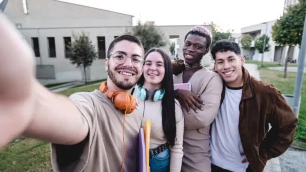 Stop motion group of cheerful multiracial students making faces and taking selfie after university studies - Metraje, vídeo