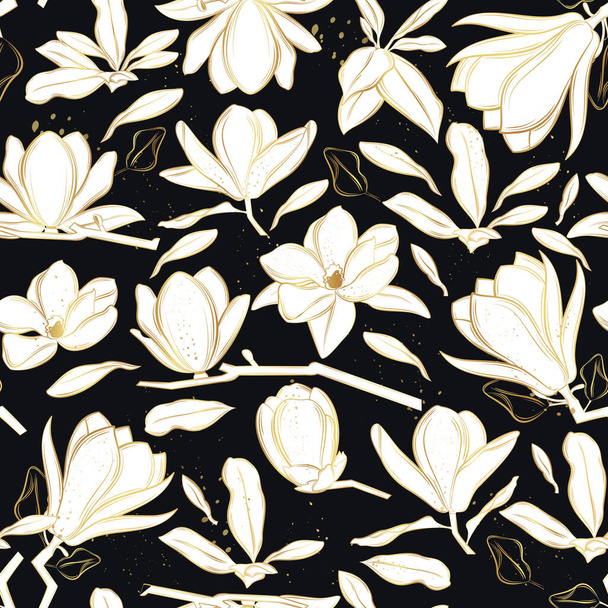 Seamless vector pattern with magnolia flowers on a black background. Line art style. - Vettoriali, immagini