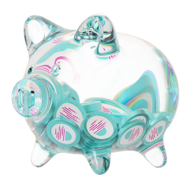 Moonbeam (GLMR) Clear Glass piggy bank with decreasing piles of crypto coins. Saving inflation, financial crisis, and losing money concept. 3d illustration - Φωτογραφία, εικόνα