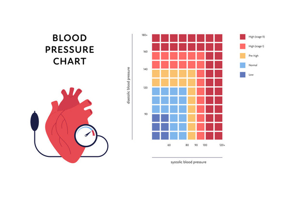 血圧のインフォグラフィック。ベクトルフラットイラスト。白い背景に隔離されたヘルスケア高血圧チャート。低、通常、高レベルと心臓の器官とグリッド。医療、心臓学のためのデザイン. - ベクター画像