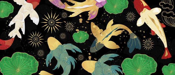 Vector poster with a Japanese theme. Line art style. Koi carps on on a black background. Abstract art background vector - Vector, Image