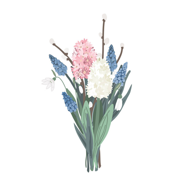 Bouquet of spring flowers. Vector illustration greeting card. Snowdrops, hyacinth, muscari, and pussy willow branches. - Vector, Imagen