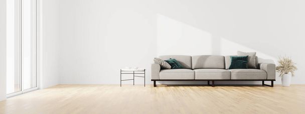 La pared interior de la sala de estar se burla de sofá de tela gris y almohadas sobre fondo blanco con espacio libre a la izquierda durante el día soleado. renderizado 3d. - Foto, imagen