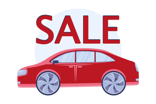 Zijaanzicht auto illustratie, concept van de verkoop of het kopen van een auto tegen een gereduceerde prijs, auto clipart met verkoop inschrijving - Vector, afbeelding