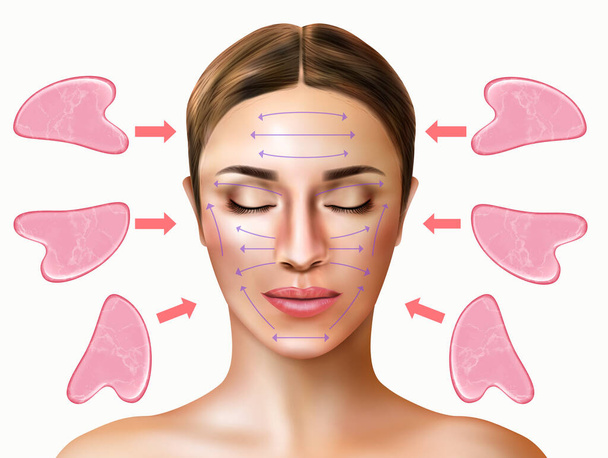 Gua sha massage composition with jade stone and realistic woman face vector illustration - Vektör, Görsel
