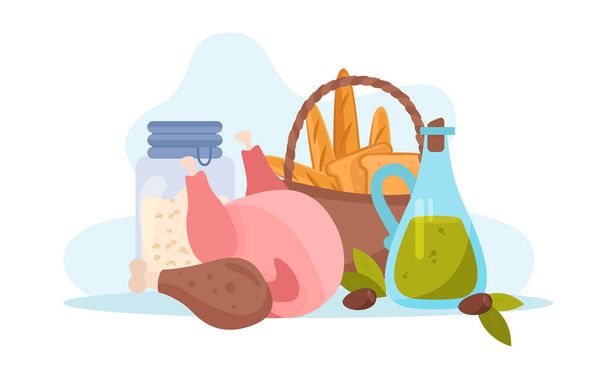 Macronutrients flat composition with blank background and bunch of raw products meat bread and oil jar vector illustration - Διάνυσμα, εικόνα