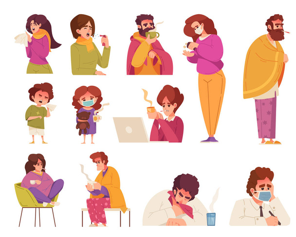 Flu cartoon icons set with people having virus temperature isolated vector illustration - Vector, afbeelding