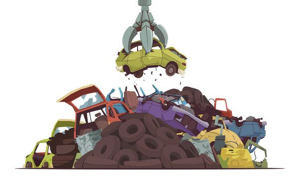 Car dump cartoon concept with auto crushing equipment vector illustration - Vector, Image