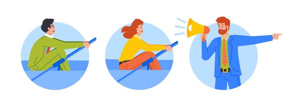 Isolated Round Icons or Avatars of People Rowing in Boat, Man with Bullhorn. Determination And Persistence Towards Success, Never Giving Up, Achieve a Goal Concept. Cartoon Vector Illustration - Vektor, obrázek