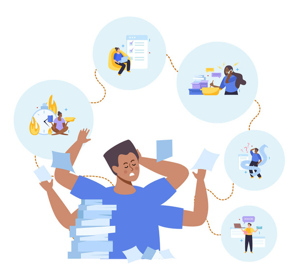 Multitasking people flat design concept with worried about work male character sitting with heap of working documents vector illustration - Vektori, kuva
