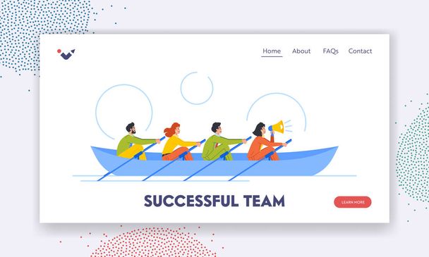 Successful Team Landing Page Template. People Rowing Together in Boat. Concept of Growth, Renewal And Development. Characters Continuously Achieve Greater Goal or Success. Cartoon Vector Illustration - Vektor, Bild