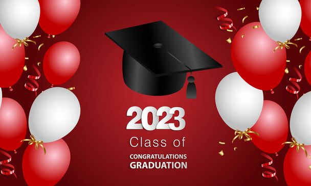 Congratulations on your graduation from school. Class of 2023. Graduation cap, confetti and balloons. Congratulatory banner. Academy of Education School of Learning. Vector - ベクター画像