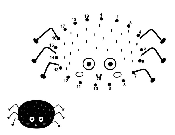 Dot to dot game for kids. Connect the dots and draw a cute spider. Funny puzzle activity page for children. Vector illustration - Vettoriali, immagini