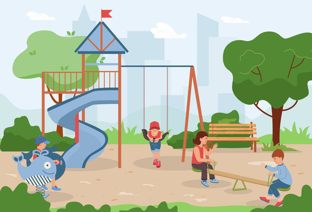 Bambini che oscillano su varie altalene sul parco giochi della città illustrazione vettoriale piatta - Vettoriali, immagini
