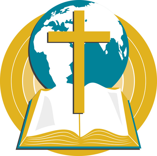 Globe of the world with the cross of calvary and a Holy Bible - Vector, Image