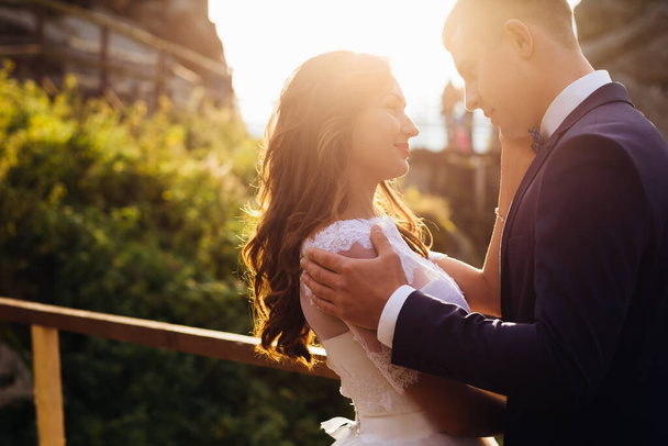 The bride is gently caressing her husband and looking with loving eyes, embracing against the background of the sunset. Concept of wedding, love - Foto, Imagem