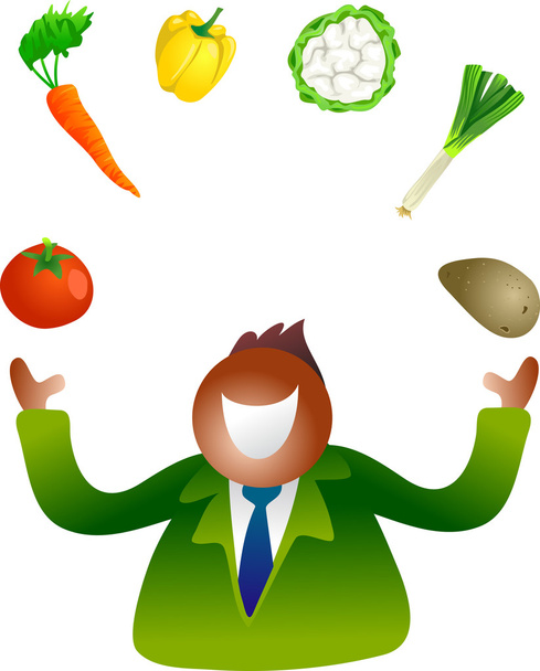 Hombre malabarismo diferentes verduras
 - Vector, Imagen