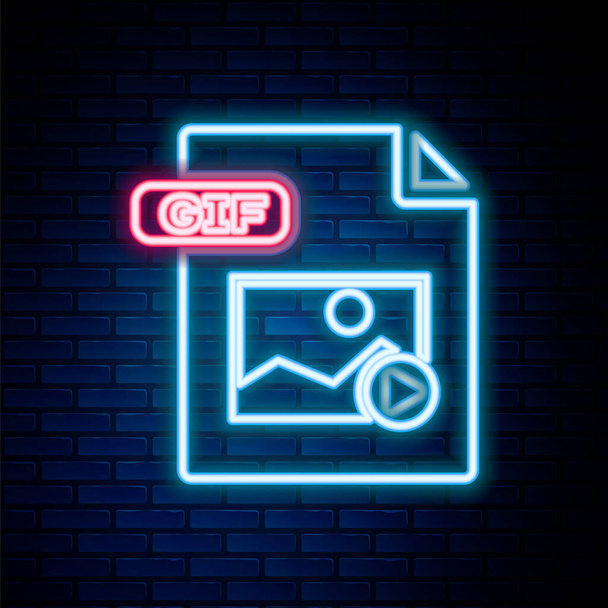 Brilhando neon line documento de arquivo GIF. Baixar ícone de botão gif isolado no fundo da parede de tijolo. Símbolo de ficheiro GIF. Conceito de esboço colorido. Vetor - Vetor, Imagem
