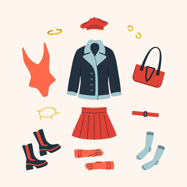 Stylish women outfit. Bomber jacket skirt bodysuit boots bag accessories, fashion spring fall look. Vector cartoon illustration. - ベクター画像