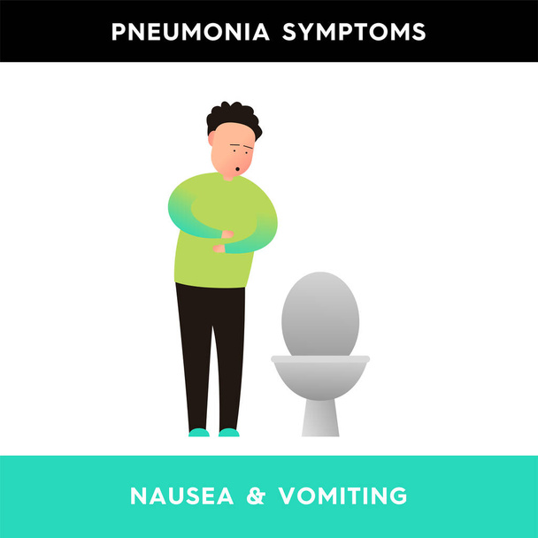 Vector illustration of a man who is standing near the toilet, holding his hands on his stomach. The person experiences nausea. Pneumonia symptoms. Illustration for medical articles, posters - Vektor, obrázek