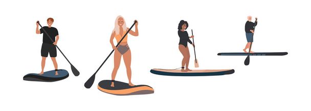 Γυναίκες και άντρες στο πλοίο, ιδέες για το sup boarding. Διάφορα Sup surfers μαύρη γυναίκα, γέρος, συλλογές.Κινούμενα σχέδια επίπεδη διανυσματική απεικόνιση απομονώνονται από το παρασκήνιο - Διάνυσμα, εικόνα