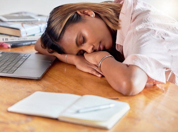 Employee, sleeping and business woman burnout, tired and fatigue while working on laptop in office. Sleep, girl and corporate person or workaholic struggling with workload, problem and pressure. - Zdjęcie, obraz