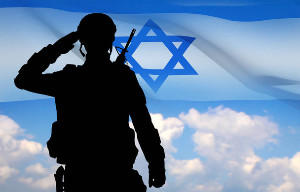 Силуэт приветствующего солдата с флагом Израиля против восхода солнца. Вектор EPS10 - Вектор,изображение
