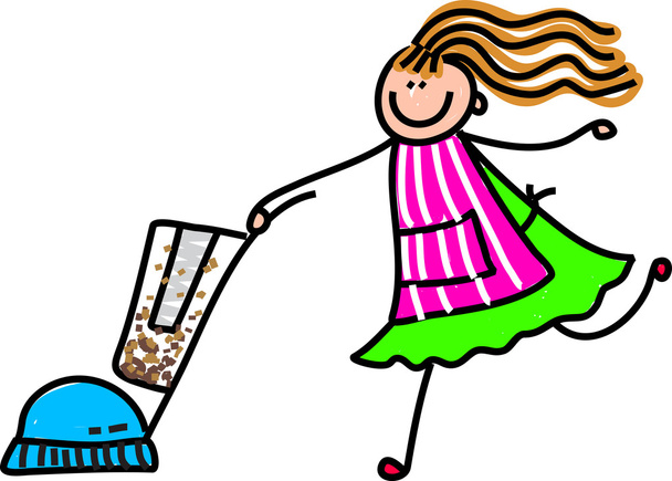 掃除機をかける女性の子供を描画します。 - ベクター画像