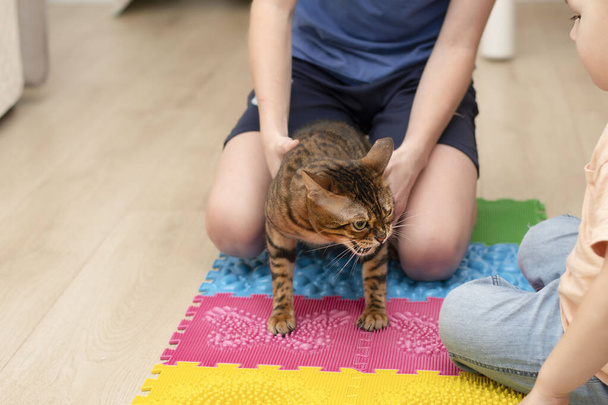 People. Health concept. A boy and a domestic red beautiful leopard bengal cat go in for sports on a massage orthopedic multi-colored rug in the home interior. Treatment of flat feet. Close-up. Physical training. - Zdjęcie, obraz