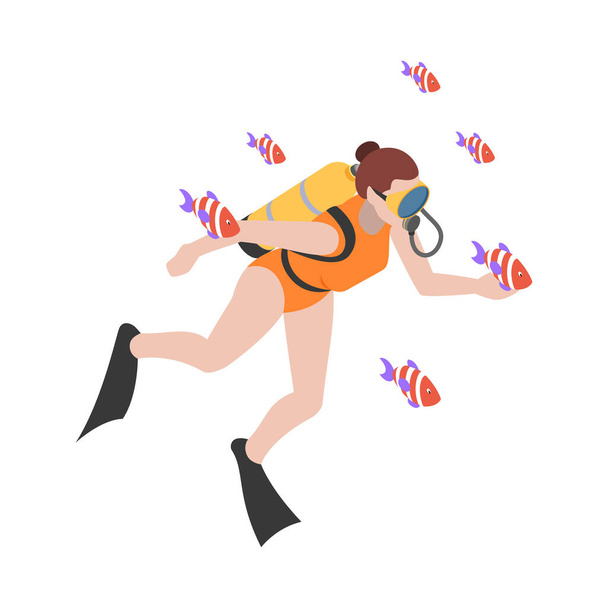 Scuba diving snorkelling isometric composition with isolated human character floating under water vector illustration - Vetor, Imagem