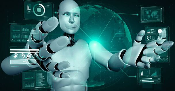 AI hominoid robot holding virtual hologram screen showing concept of big data analytic using artificial intelligence thinking by machine learning process. 3D rendering. - Foto, afbeelding