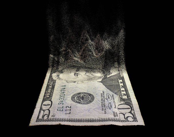 A concept image showing a half dissolved flat paper US Dollar bank note on a dark studio background - 3D render - Fotoğraf, Görsel