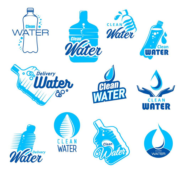 Iconos de entrega de agua limpia. Empresa de producción y distribución de agua potable embotellada símbolos vectoriales, servicio de suministro de agua mineral iconos azules con gotas, burbujas y botellas de galones, jarras - Vector, imagen