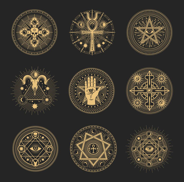 Znaki Masona, symbole okultyzmu i ezoterycznego pentagramu, magiczny tarot. Masona lub czarów tarota pieczęć, murowany złożyć magiczny znak wektor lub z symbolem pentagramu szatana, ankh i Oko Opatrzności, piramida - Wektor, obraz