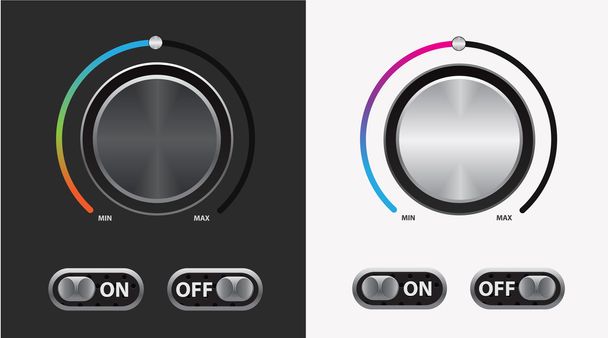 Chrome volume knob with switches in two colors - Vetor, Imagem