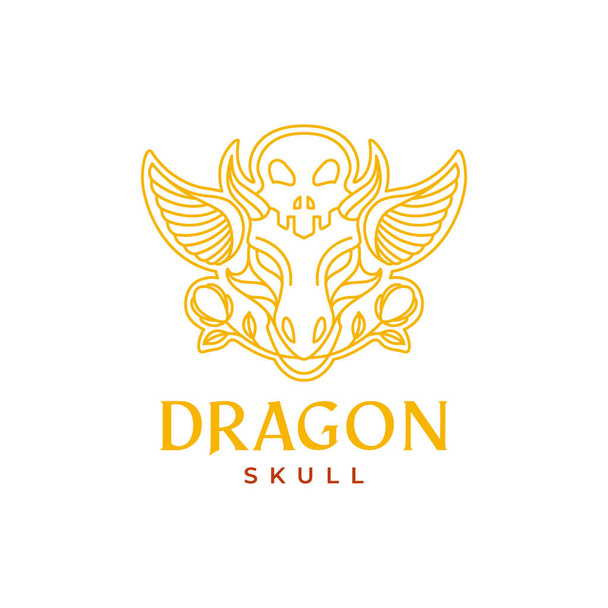head dragon wings skull cranium ancient rose flowers line art logo design vector - Vektor, Bild