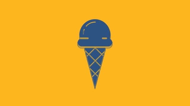 Blue Ice cream in waffle cone icon isolated on orange background. Sweet symbol. 4K Video motion graphic animation. - Video, Çekim