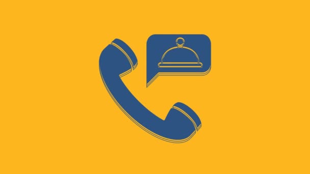 Blue Food icona di ordinamento isolato su sfondo arancione. Ordina per telefono cellulare. Concetto di consegna cibo ristorante. Animazione grafica 4K Video motion. - Filmati, video
