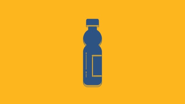 Bottiglia blu di icona dell'acqua isolata su sfondo arancione. Segno di bibita gassata. Animazione grafica 4K Video motion. - Filmati, video