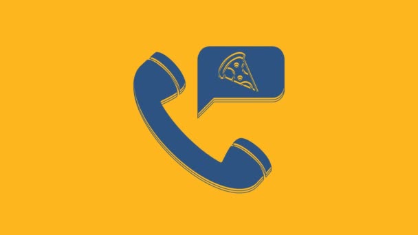 Mavi Gıda, turuncu arka planda izole edilmiş pizza ikonu sipariş ediyor. Cep telefonuyla sipariş verin. Restoran yemek teslimatı konsepti. 4K Video hareketli grafik canlandırması. - Video, Çekim