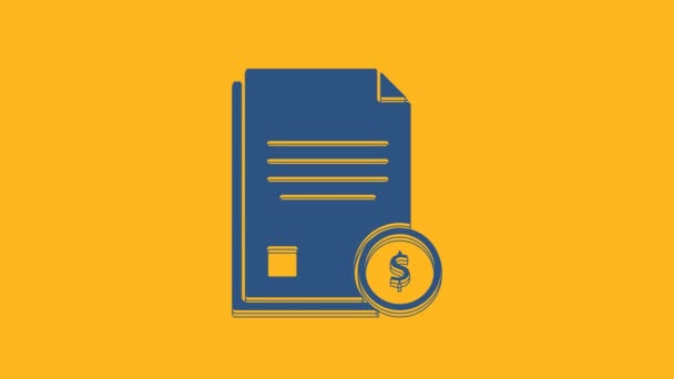 Ікона синього фінансового документа ізольована на помаранчевому тлі. Паперовий банківський документ з доларовою монетою для рахунків або концепції рахунків. 4K Відеографічна анімація. - Кадри, відео