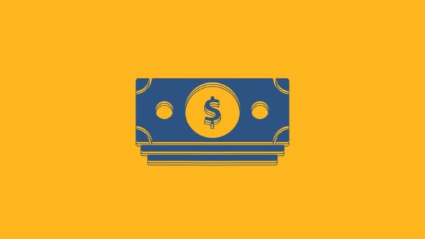 Blue Stacks бумажные деньги денежные значок изолирован на оранжевом фоне. Пачки денежных купюр. Валюта счета. Видеографическая анимация 4K. - Кадры, видео
