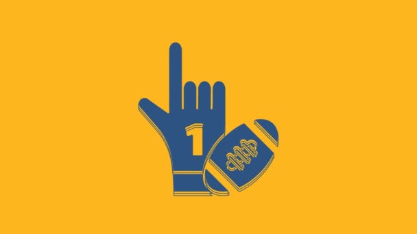 Blauer Handschuh Nummer 1 mit erhobenem Finger und American-Football-Ball-Ikone auf orangefarbenem Hintergrund. Set von Sportgeräten. 4K Video Motion Grafik Animation. - Filmmaterial, Video