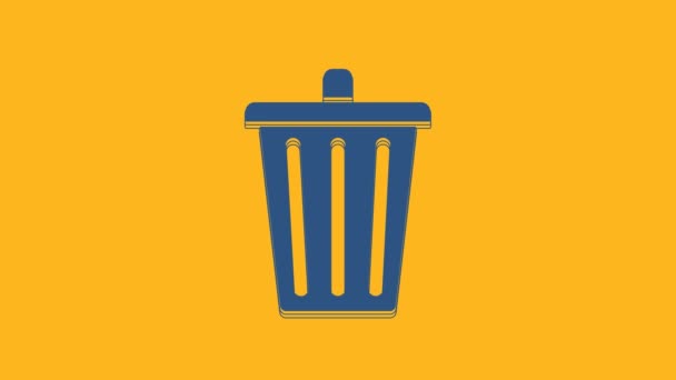 Blue Trash can icon isolated on orange background. Garbage bin sign. Recycle basket icon. Office trash icon. 4K Video motion graphic animation. - 映像、動画