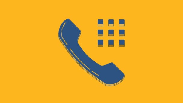 Blauwe telefoon handset pictogram geïsoleerd op oranje achtergrond. Telefoonteken. 4K Video motion grafische animatie. - Video