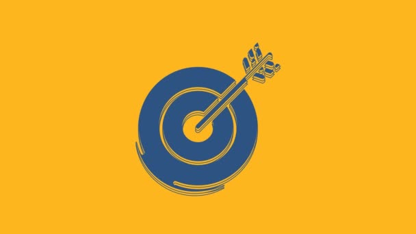 Icona Blue Target isolata su sfondo arancione. Icona dell'obiettivo di investimento. Concetto aziendale di successo. Denaro o contanti. Animazione grafica 4K Video motion. - Filmati, video